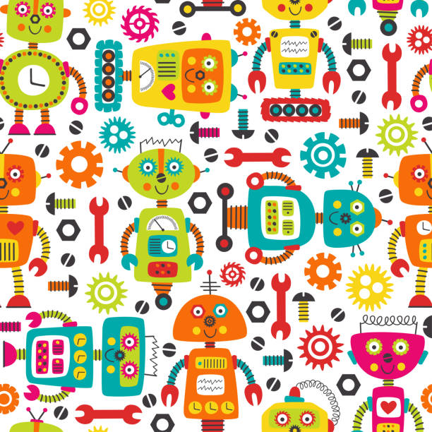 seamless pattern with colorful robots on white background seamless pattern with colorful robots on white background  -  vector illustration, eps robot designs stock illustrations