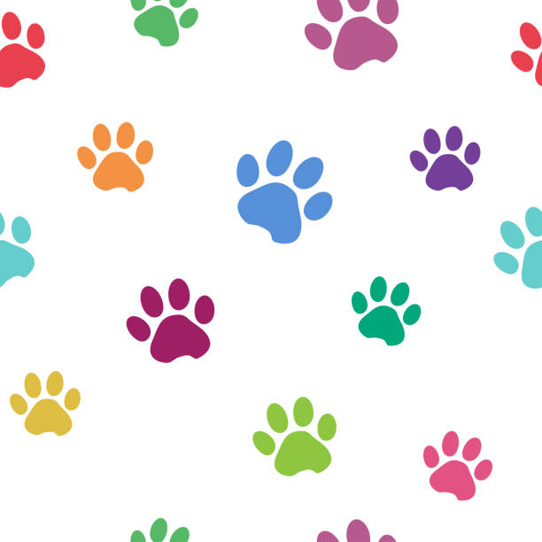 stockillustraties, clipart, cartoons en iconen met naadloze patroon met kleurrijke silhouet dierlijke paw track op witte achtergrond. vectorillustratie - jaar van de hond