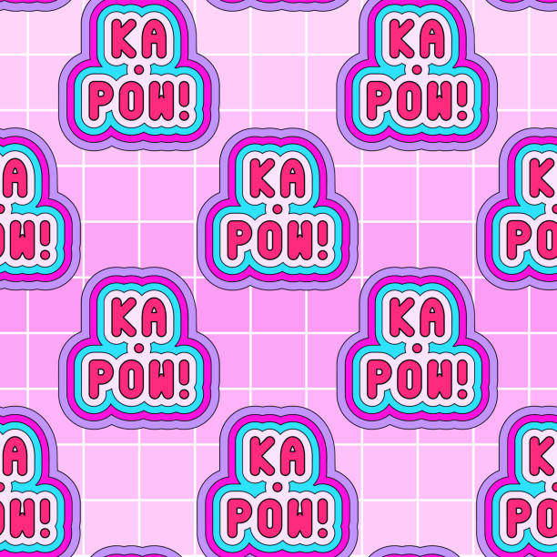 ピンクの背景にカラフルな単語のパッチ"ka-pow"とシームレスなパターン。コミック、漫画のスタイル。80年代から90年代のレトロな要素。 - 渋谷点のイラスト素材／クリップアート素材／マンガ素材／アイコン素材