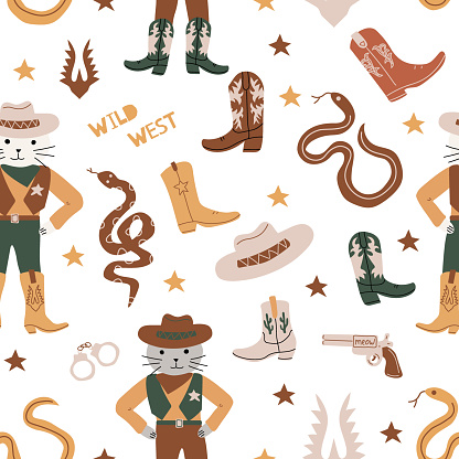 Seamless pattern with cowboy cat,  boots, hat, stars and snakes. Wild West theme.  Simple childish  style perfect for textiles, baby shower fabrics, digital paper, fashion.