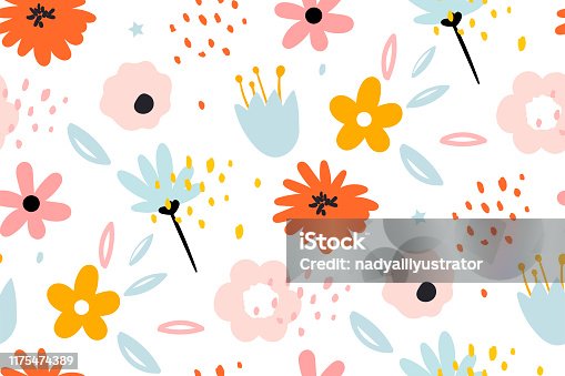 istock Seamless pattern with creative decorative flowers in scandinavian style. 1175474389