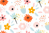 Seamless pattern with creative decorative flowers in scandinavian style. Using for print on the wall, pillows, decoration kids interior, baby wear and shirts, greeting card, vector and other.