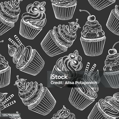 istock Seamless pattern with cupcakes 1357969866