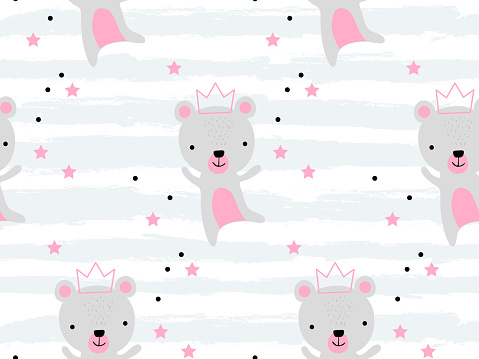 Seamless pattern with cute bear princess in crown. Creative childish texture. Great for fabric, textile Vector Illustration. Perfect for wallpaper, pattern fill, web page background, surface textures