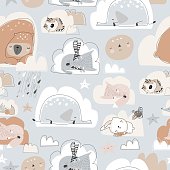 Vector seamless pattern with cute cartoon animals sleeping on clouds