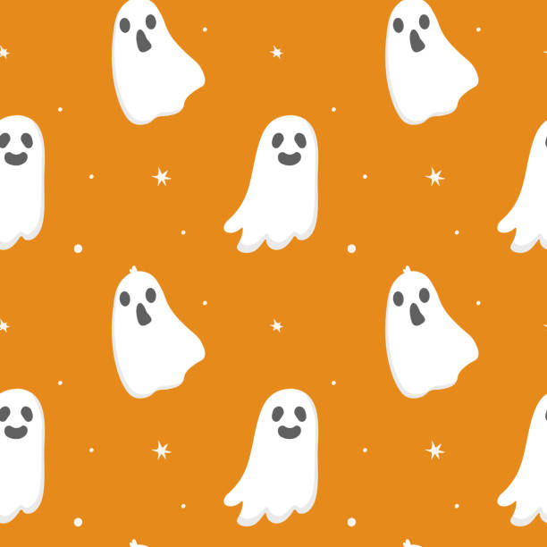 Seamless pattern with cute cartoon ghosts and stars. White ghosts on orange background. Halloween illustration.  Background for wrapping paper, greeting cards and seasonal designs. Seamless pattern with cute cartoon ghosts and stars. White ghosts on orange background. Halloween illustration.  Background for wrapping paper, greeting cards and seasonal designs. ghost stock illustrations
