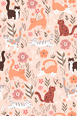 istock Seamless pattern with cute cats and flowers. Vector graphics. 1360052131