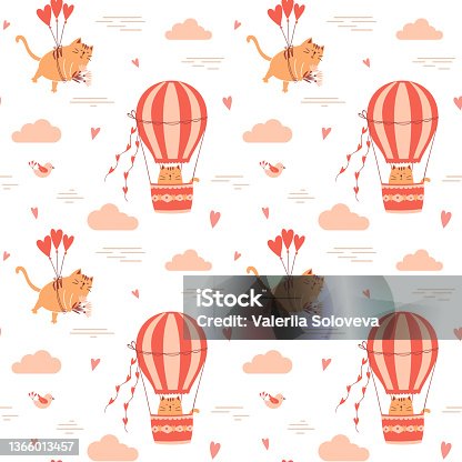 istock Seamless pattern with cute cats flying on balloons and in a hot air balloon. Perfect for design for Valentine's day, birthday packaging. Vector illustrations on a white background. 1366013457