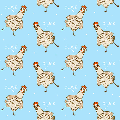 Seamless pattern with cute chickens on blue background - cartoon hens and roosters character for happy farm design