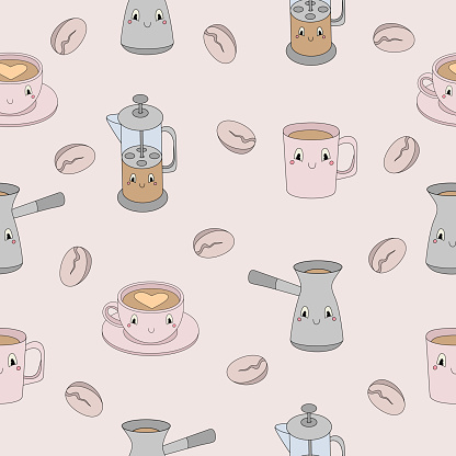 Seamless pattern with cute coffee attributes in pastel colors - vector illustration, eps stock illustration