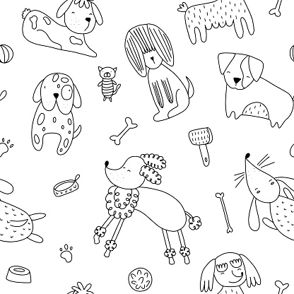 Seamless pattern with cute doodle style dogs on a white background. Hand drawn vector illustration with black and white dogs.