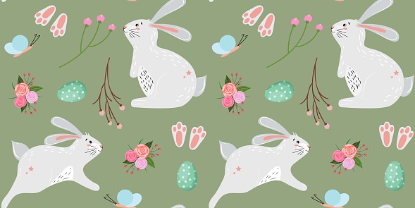 Seamless pattern with cute Easter bunnies, Easter eggs and flowers.