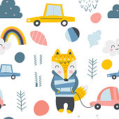 Seamless pattern with cute fox, cars, elements in Scandinavian style. Vector childish texture for textile. Kids illustration for nursery design. Great for baby clothes, greeting card, wrapper.