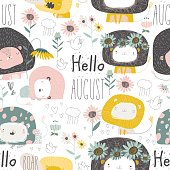 Vector seamless pattern with cute lions and flowers on white background. Hello august