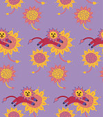 Seamless Pattern with Cute Lions and Sunflowers on Purple. Vector Illustration on Purple Background.