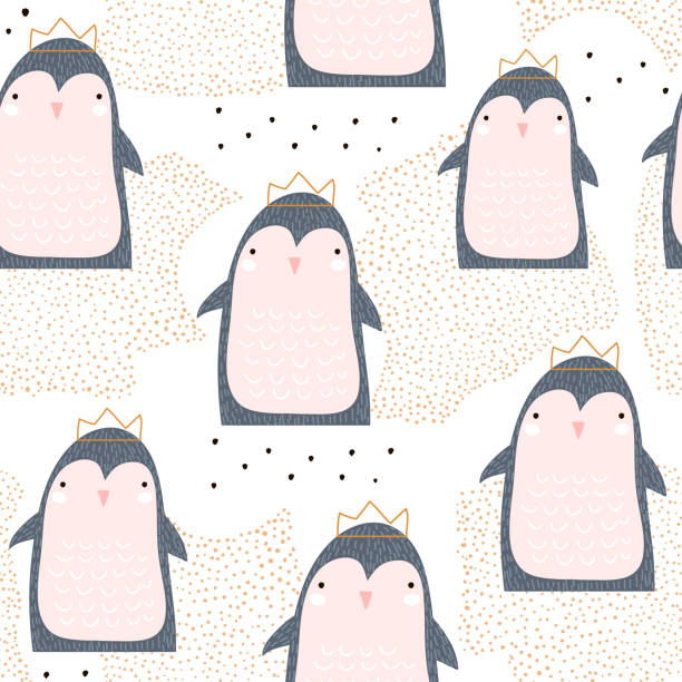 Seamless pattern with cute penguin princess in crown and hand drawn elements. Creative childish texture. Great for fabric, textile Vector Illustration  baby penguin stock illustrations
