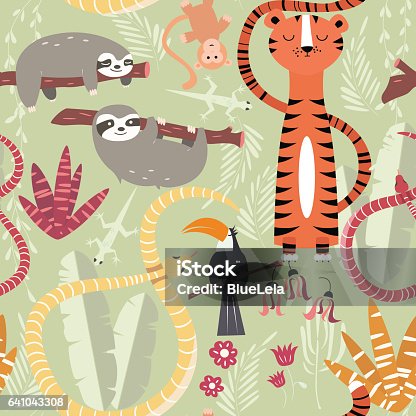 istock Seamless pattern with cute rain forest animals, tiger, snake, sloth 641043308