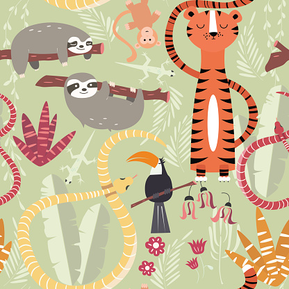 Seamless pattern with cute rain forest animals, tiger, snake, sloth