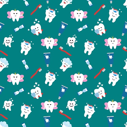 Seamless pattern with cute teeth and objects for dental care - funny toothpaste, brush, hourglass.