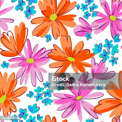 istock Seamless pattern with daisies. Mixed small and large blooming flower heads ornament. Bright summer botanical background in modern flat design. 1225058165