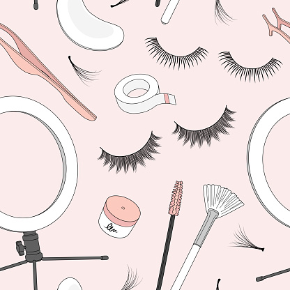 Seamless pattern with different eyelash extension tools