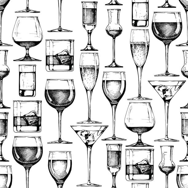 Seamless pattern with different glasses goblets Seamless vector pattern with different glasses goblets and wineglasses. illustration in old fashioned hand drawn style on white background. cocktail designs stock illustrations