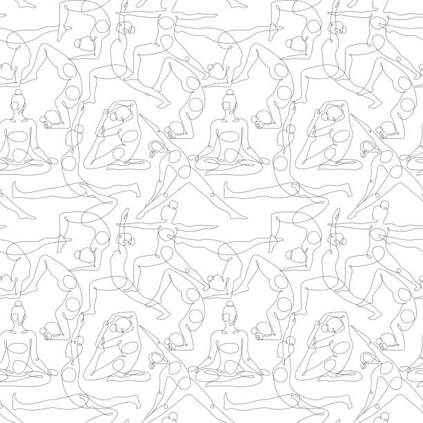Seamless pattern with different yoga poses continuous one line vector illustration. Seamless pattern with different yoga poses continuous one line vector illustration. Flexibility, balance, training lineart, silhouette. Keeping healthy, fit lifestyle with yoga, gymnastics training. Working out at gym yoga backgrounds stock illustrations