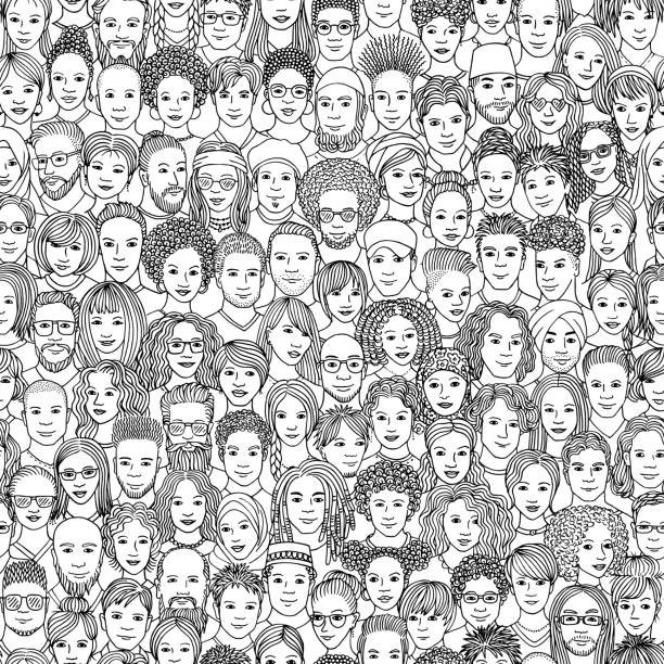 Seamless pattern with diverse people Diverse crowd of people - seamless pattern of 100 hand drawn faces of various ethnicities people backgrounds stock illustrations