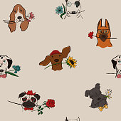 Seamless pattern with cute dogs holding flowers. Funny doggy faces background, wallpaper or print.