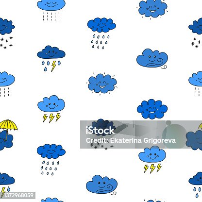 istock Seamless pattern with doodle clouds. 1372968059