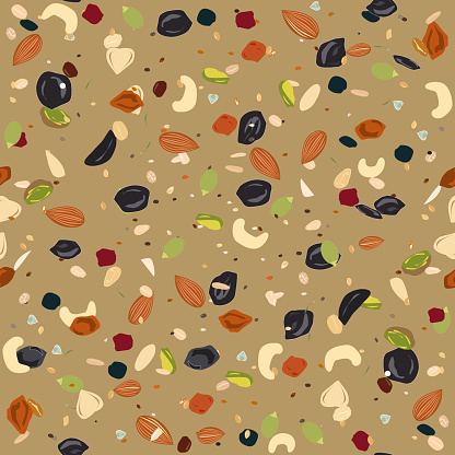 Seamless pattern with dried fruits, nuts, oatmeal, and seeds. Healthy and eco food, granola background.