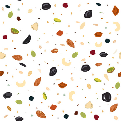 Seamless pattern with dried fruits, nuts, oatmeal, and seeds. Healthy food, granola background, Vector illustartion