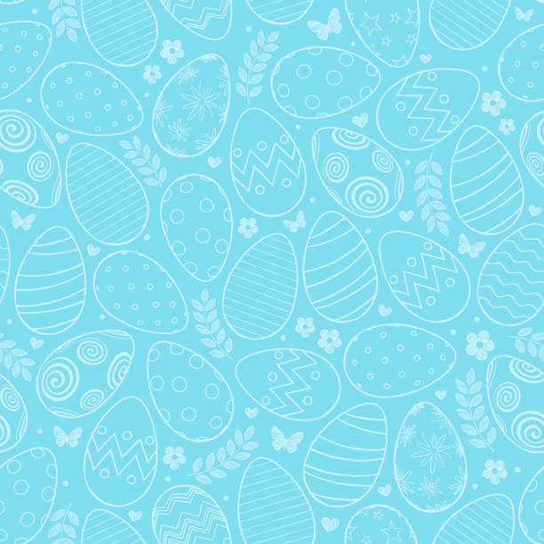 ilustrações de stock, clip art, desenhos animados e ícones de seamless pattern with easter eggs, flowers and butterfly on blue background - pascoa