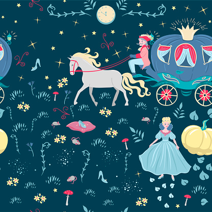 Seamless pattern with elements of the fairy tale Cinderella .Vector graphic.