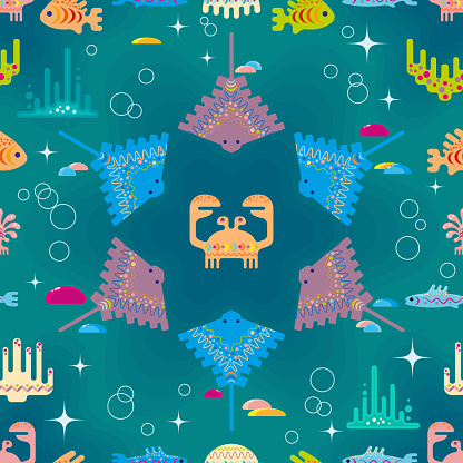 Seamless pattern with elements of underwater life on a dark emerald background