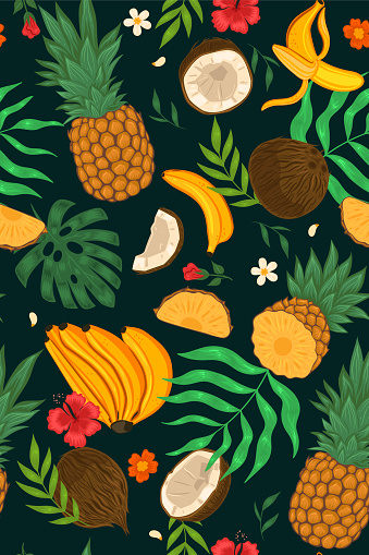 Seamless pattern with exotic fruits, flowers, leaves. Vector graphics.