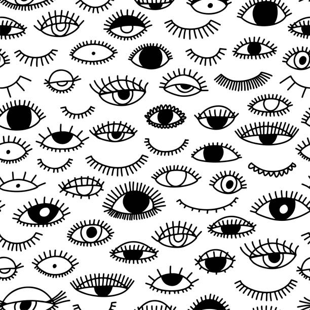 Seamless pattern with eye and eyelashes. Seamless pattern with eye and eyelashes. Ink illustration. Ornament for wrapping paper. Monochrome design. sleeping patterns stock illustrations