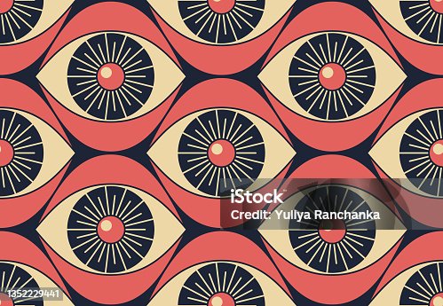 istock Seamless pattern with eyes. Weird retro background. Vector 1352229441
