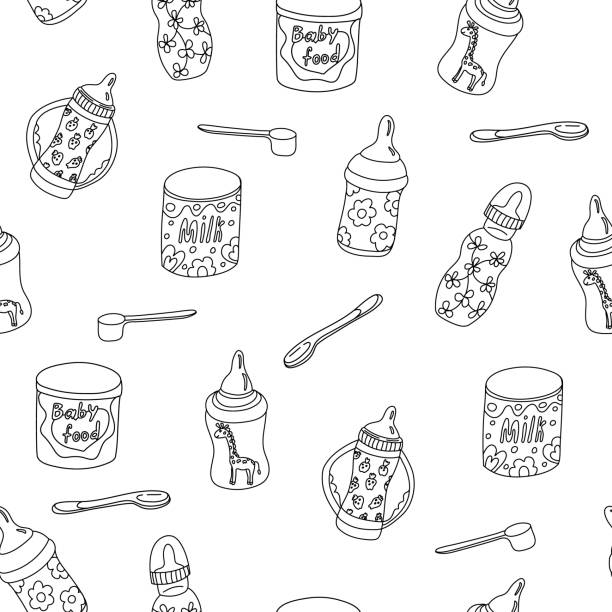 ilustraciones, imágenes clip art, dibujos animados e iconos de stock de patrón sin costuras con botellas de alimentación, fórmula, cucharas. - baby formula