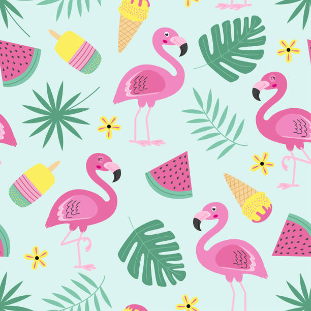bildbanksillustrationer, clip art samt tecknat material och ikoner med seamless mönster med flamingo, glass, frukt, tropiska löv - frozen leaf