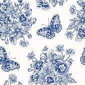 Vintage vector seamless pattern with a bouquet of flowers and butterflies in blue. Violet, daisy, dahlia.
