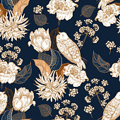 Seamless pattern with flowers, birds and leaves. Black vintage background. Botany.