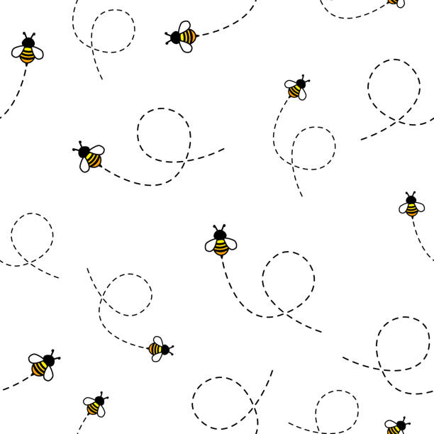 Seamless Pattern with flying bees. Seamless Pattern with flying bees. Vector Cartoon black and yellow bees isolated on white background. Cartoon doodle cute bees seamless with dotted lines pattern bee designs stock illustrations
