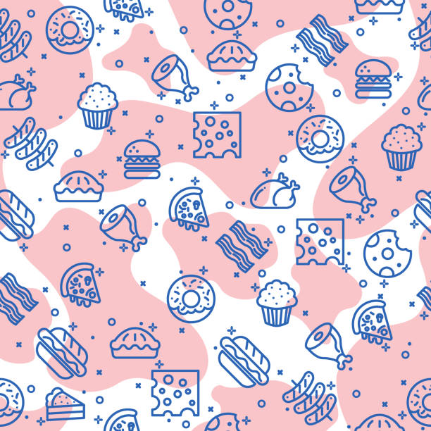Seamless pattern with Food. Vector illustration. Pattern Food vector: cheese, pizza, corn dog, hot dog, doughnut, muffin, pie, barbecue, bacon, sausage, cookie, burger, cake, chicken cheese designs stock illustrations
