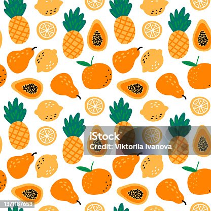 istock Seamless pattern with fruits pineapples, lemons, papaya, pear, orange on white background. Cute vector background. 1371187653