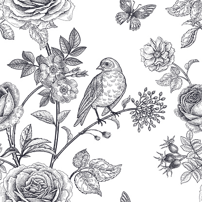 Seamless pattern with garden flowers and birds.
