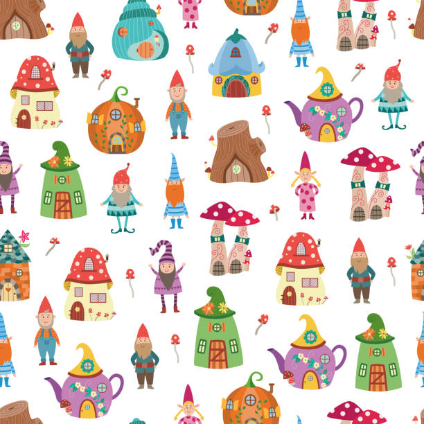Seamless pattern with gnomes and houses flat cartoon vector illustration. Seamless childish pattern with gnomes and garden houses, flat cartoon vector illustration on white background. Repeatable texture with funny gnomes and fairytale houses. fairy stock illustrations