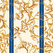 Seamless pattern with golden chains and baroque leaves. Vector patch for scarfs, print, fabric.