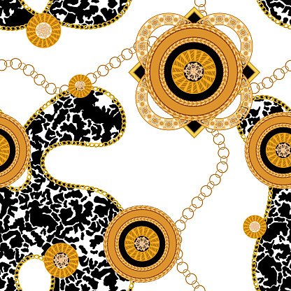 Seamless pattern with golden chains and spotted background. Vector baroque patch for scarfs, print, fabric