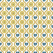 Seamless pattern with golden silk cords, bows and medallions. Fashion accessories for Women. Background for bags, scarves, clothes, fabrics. Flat vector outline illustration on white background.